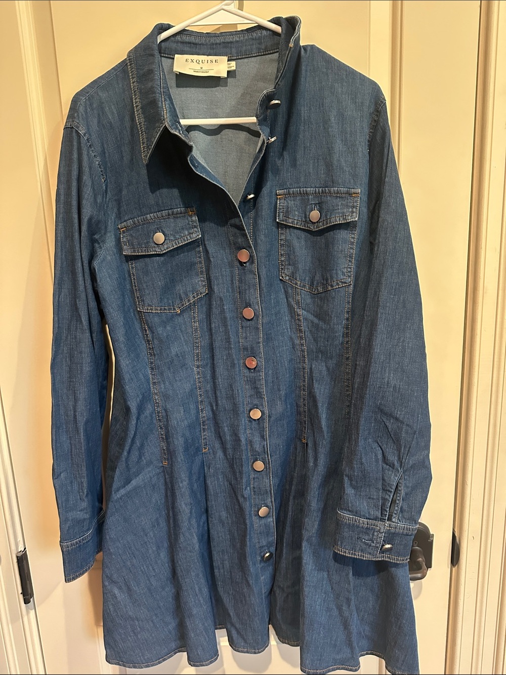Exquise from Anthropologie Long-Sleeve Denim Shiry Dress in Dark Blue
